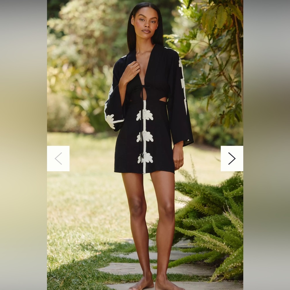 NWT Celandine Palm Cutout Mini Kaftan, Size M/L, Black & White. 100% Cotton!